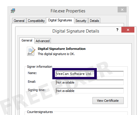 Screenshot of the VeeCan Software Ltd. certificate